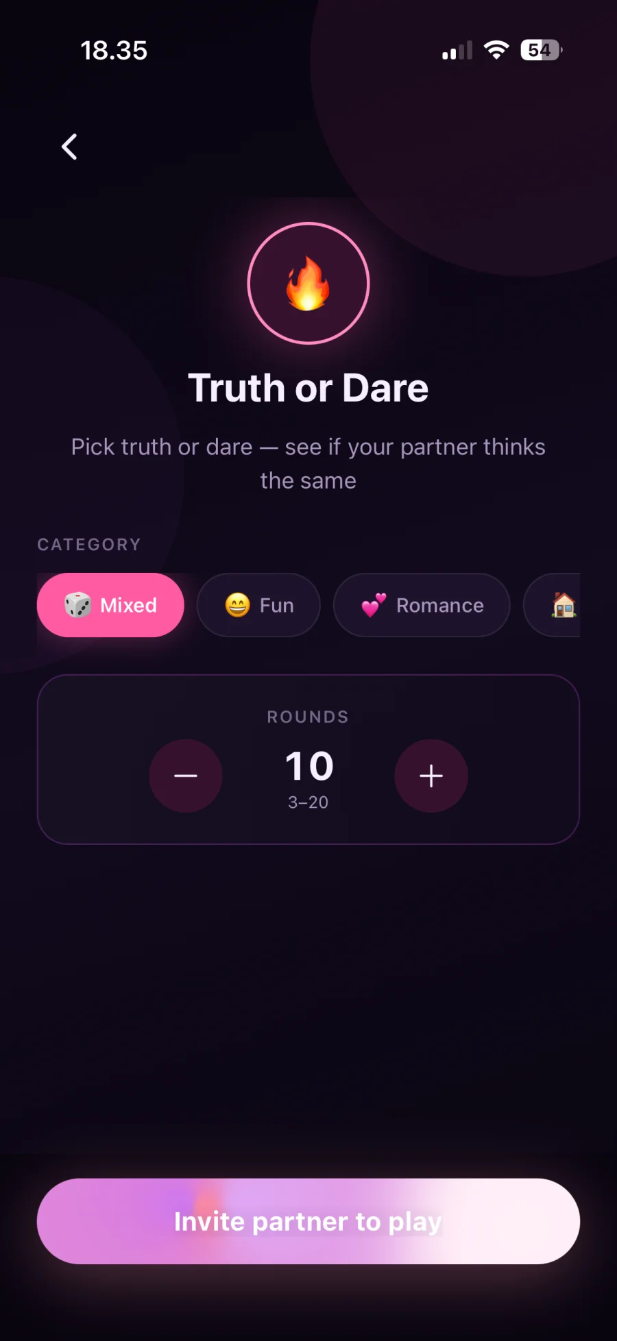CoupleGoAI Truth or Dare setup screen with categories and a round counter before inviting a partner to play
