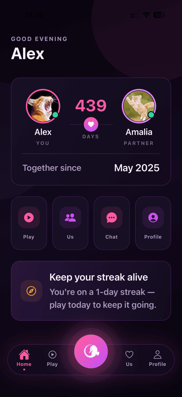 CoupleGoAI relationship dashboard showing couple streaks and shared navigation